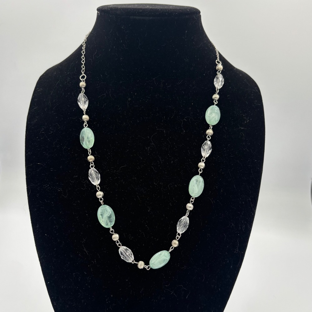 Beaded Necklace Green Silver Tone Clear Faux Crystal
